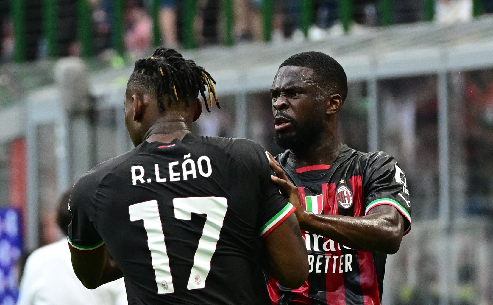 Rafael Leao celebrates a goal with AC Milan teammate and former Chelsea defender, Fikayo Tomori.