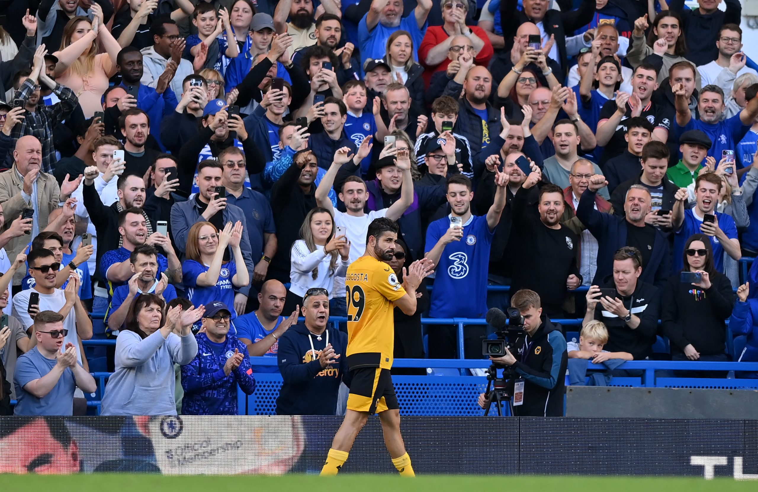 Diego Costa of Wolverhampton Wanderers claps the Chelsea fans on his Stamford Bridge return.