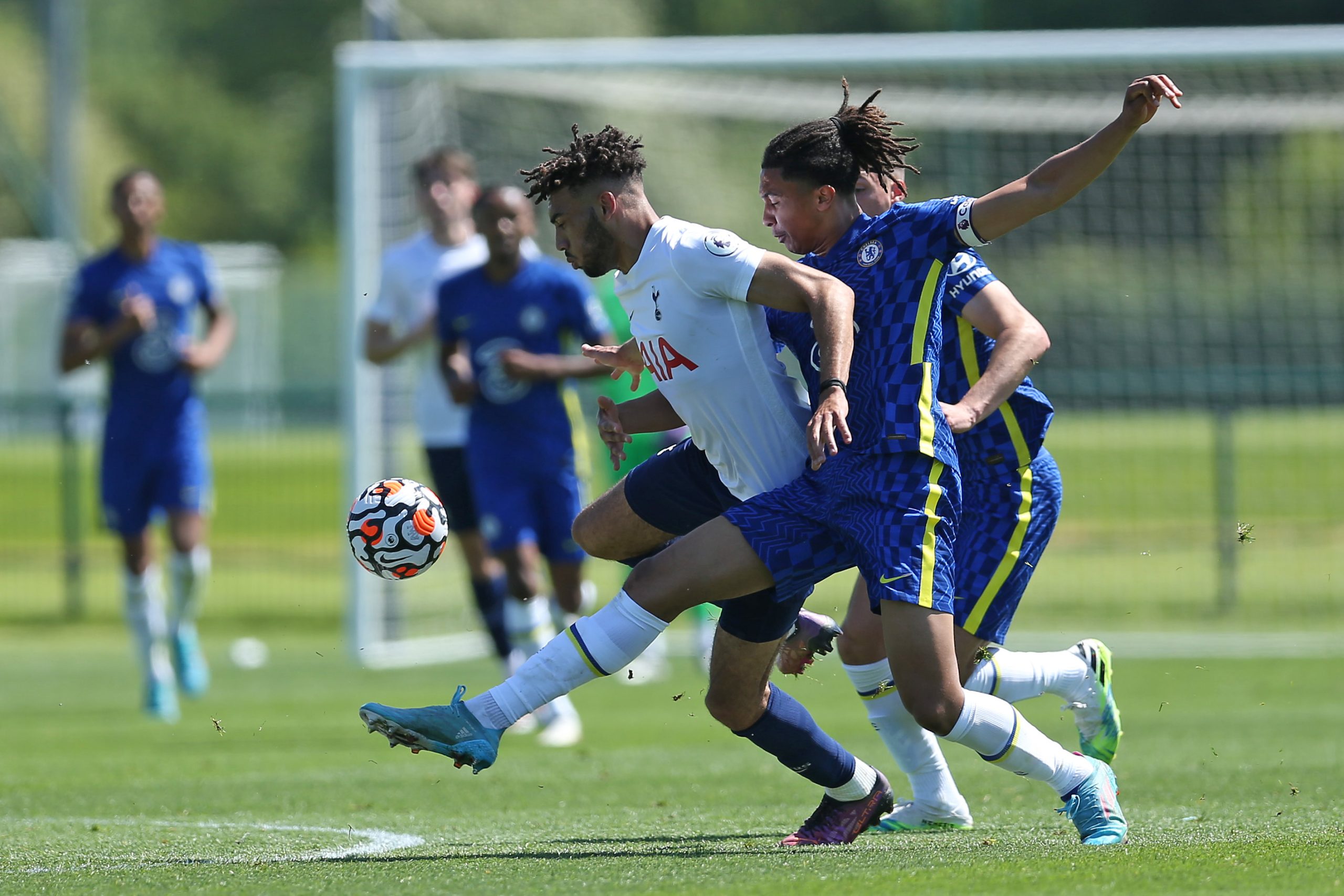 Kion Etete of Tottenham Hotspur U23 challenges for the ball with Bashir Humphreys of Chelsea U23 during the Premier League 2 match between Chelsea U23 and Tottenham Hotspur U23 at Chelsea Training Ground on May 08, 2022 in Cobham, England. (Photo by Steve Bardens/Getty Images)