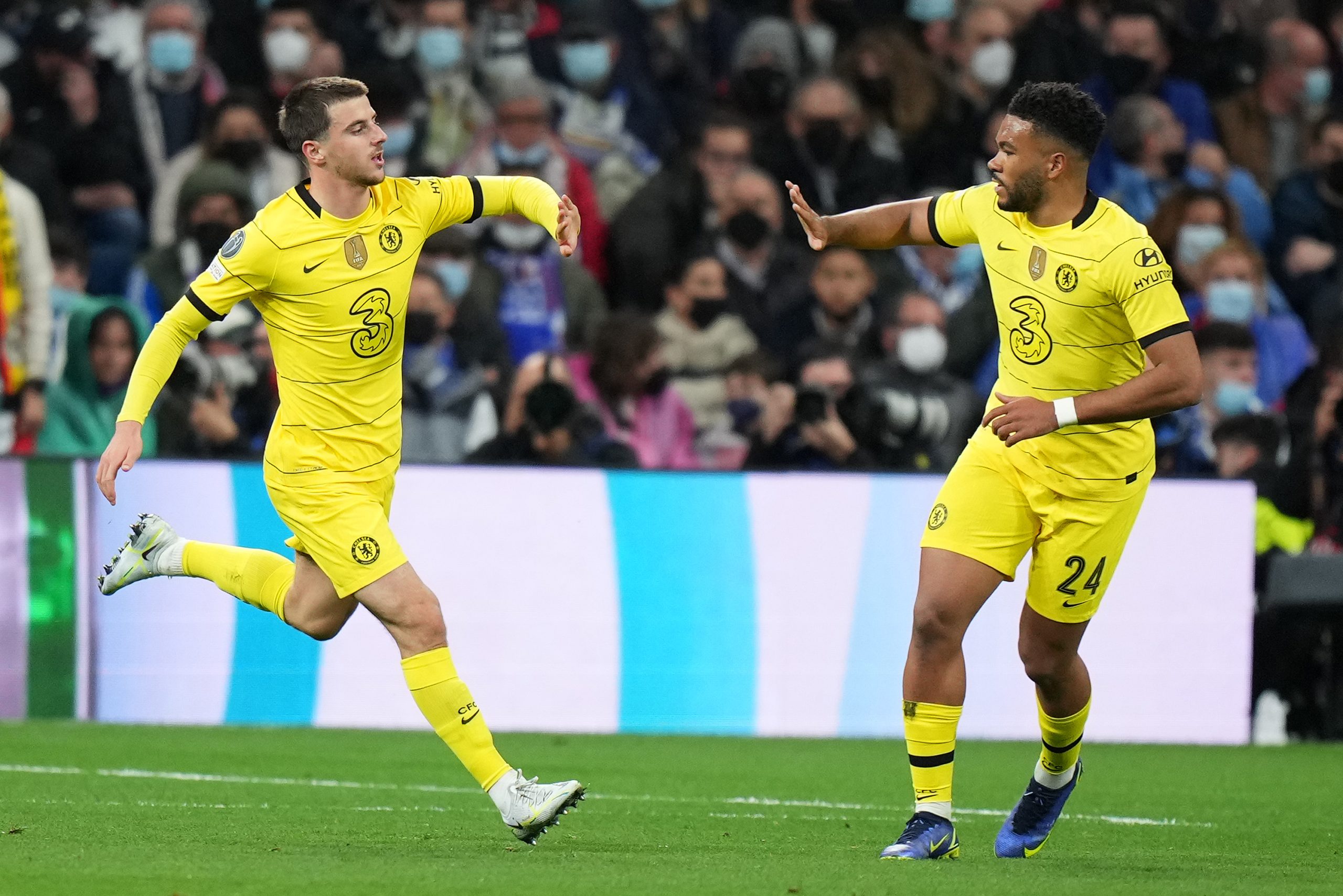 Mason Mount celebrates with teammate Reece James of Chelsea.